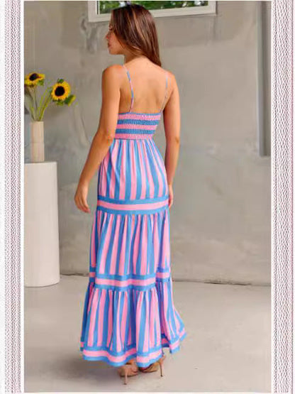 Summer Striped Printed Suspender Long Dress With Pockets Fashion Square Neck Backless Dresses For Beach Vacation Women Clothing NommL