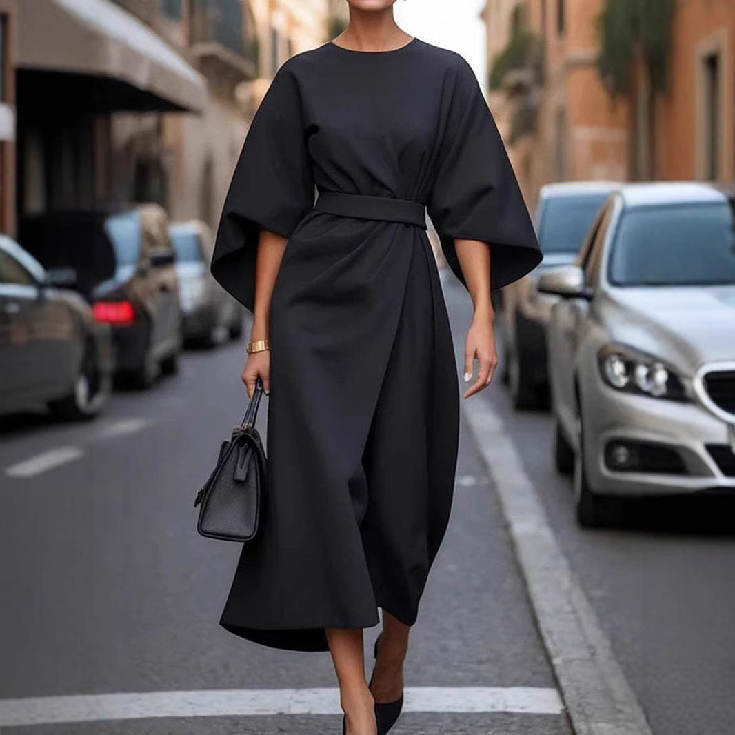 Loose Batwing Sleeve Dress Fashion Waist-tighted Solid Color Elegant Dresses For Women Clothing NommL
