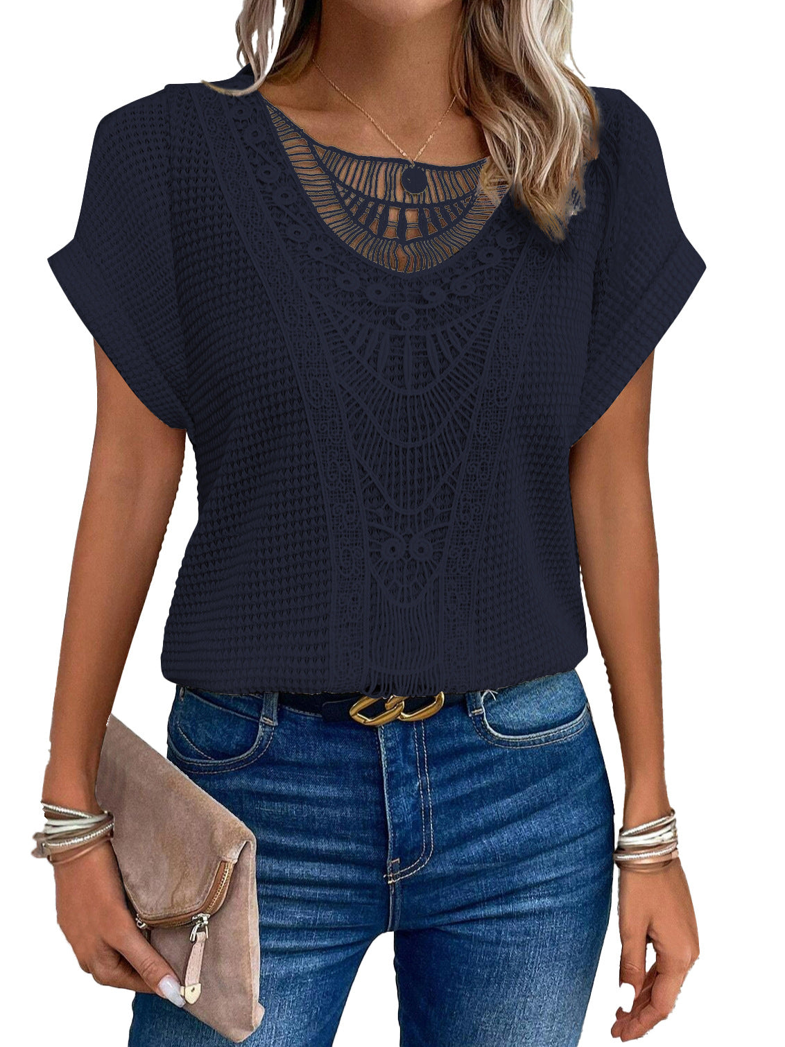 Summer Hollow Out Short-sleeved T-shirt Fashion Ethnic Style Tops Women's Clothing NommL
