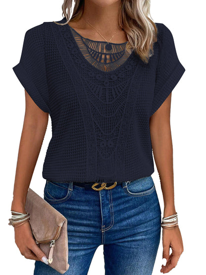 Summer Hollow Out Short-sleeved T-shirt Fashion Ethnic Style Tops Women's Clothing NommL