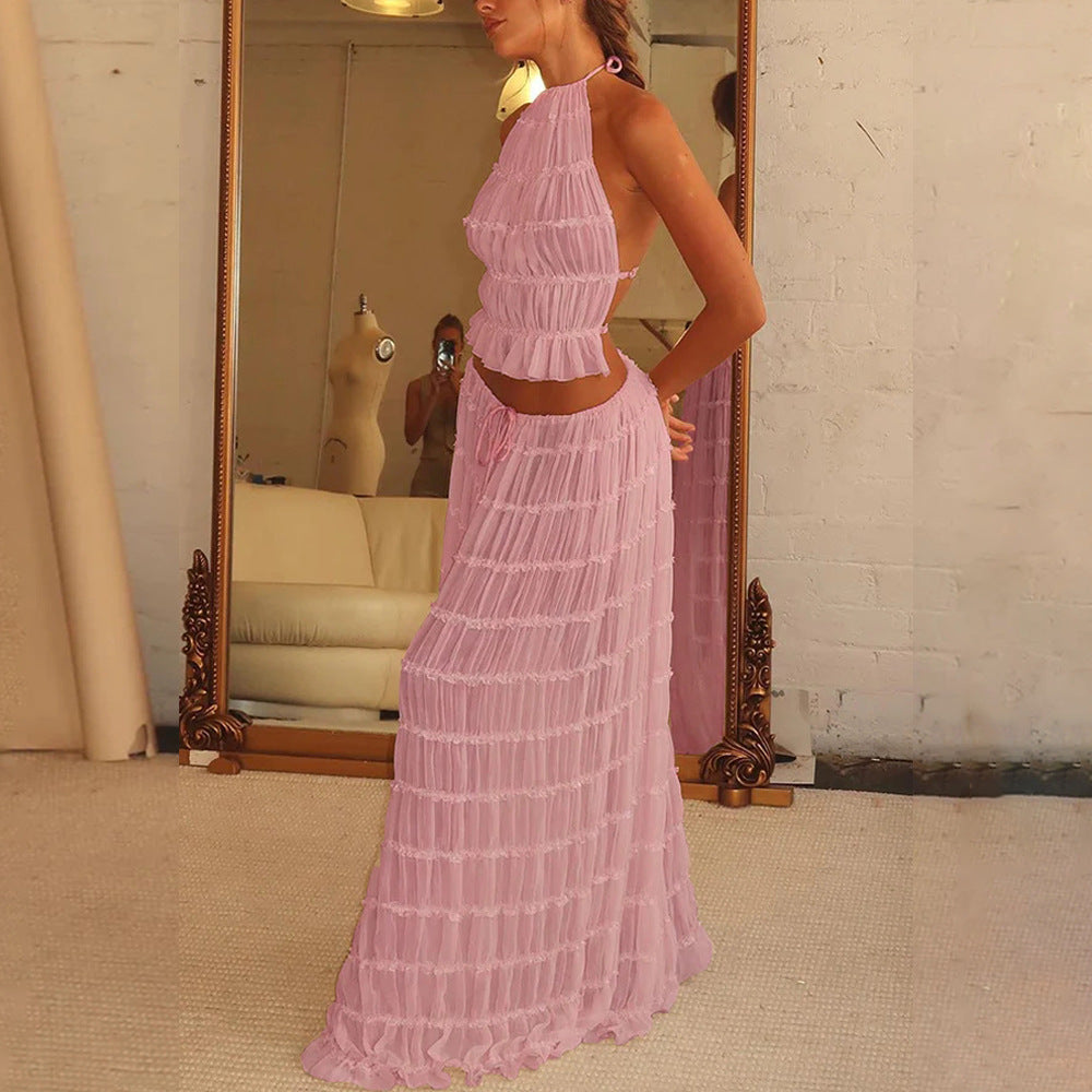 Summer Boho 2-Piece Set: Halter Crop Top & High-Waisted Pleated Maxi Skirt NommL