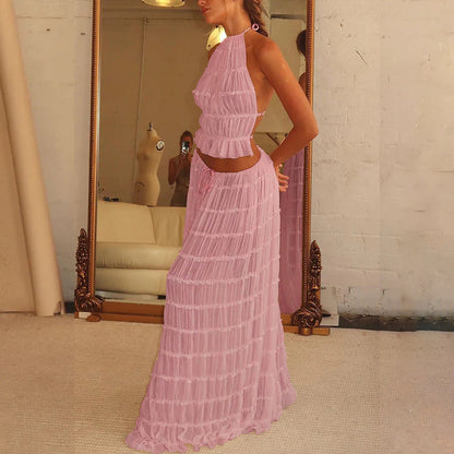 Summer Boho 2-Piece Set: Halter Crop Top & High-Waisted Pleated Maxi Skirt NommL