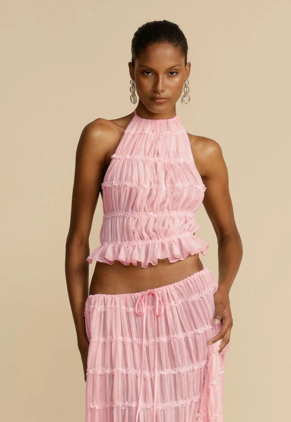 Summer Boho 2-Piece Set: Halter Crop Top & High-Waisted Pleated Maxi Skirt NommL