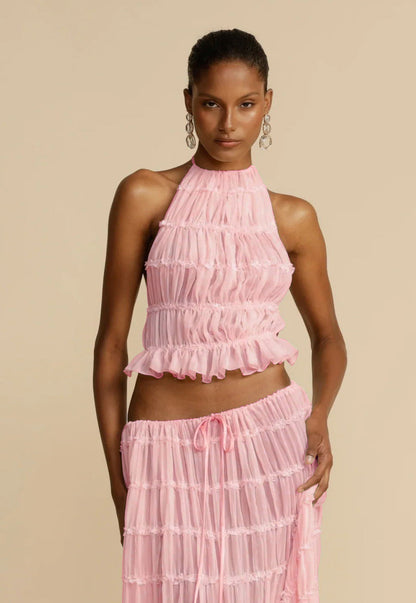 Summer Boho 2-Piece Set: Halter Crop Top & High-Waisted Pleated Maxi Skirt NommL