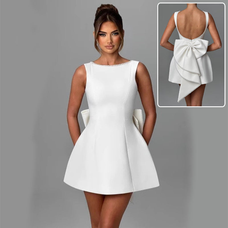 Luxury Pearl Backless Mini Dress with Big Bow: Elegant Summer A-Line Party & Evening Gown