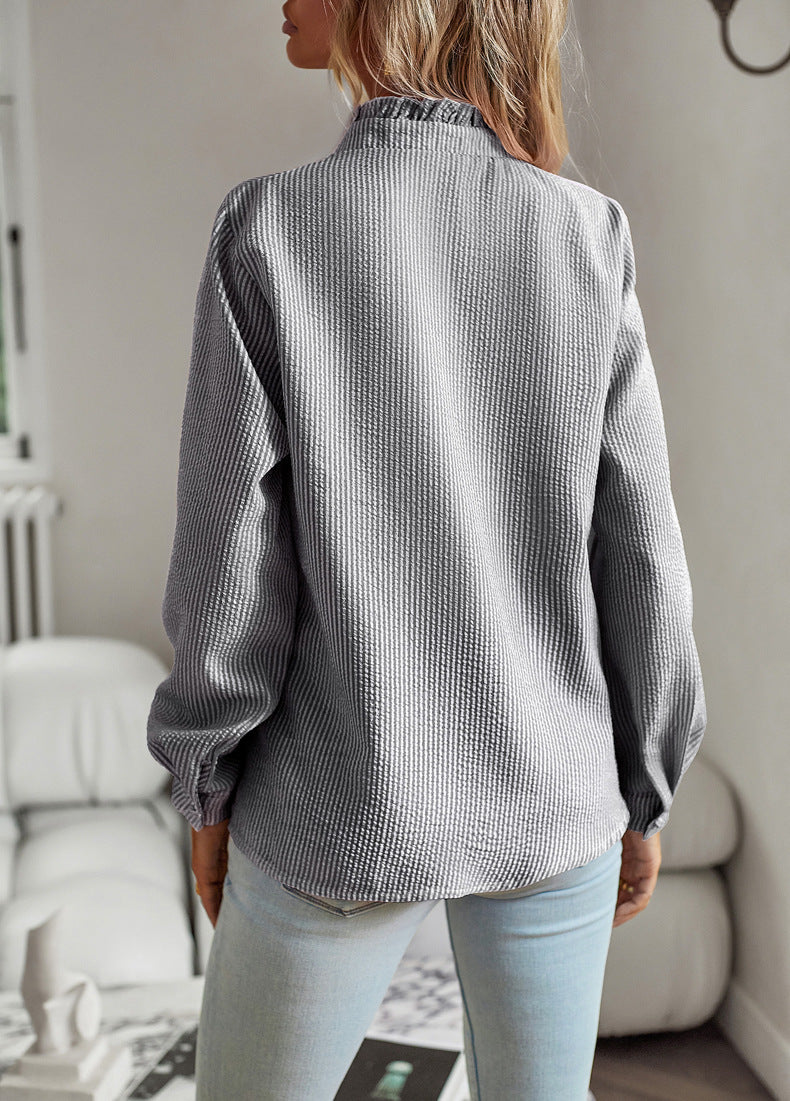 Striped Long Sleeve Shirt Fashion Ruffle Design Button Up Tops Casual Office Blouse Elegant Commuting Women's Clothing NommL