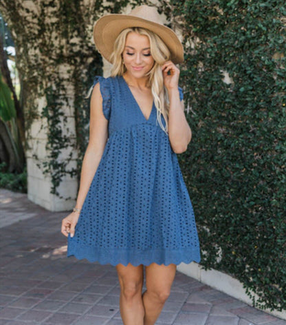 Lace Dresses With Pocket Summer Sleeveless Jacquard Cutout V-Neck Beach Dress NommL