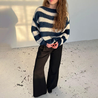 Loose Striped Pullover Sweater Fashion Versatile Long-sleeved Knitted Tops For Women Clothing NommL