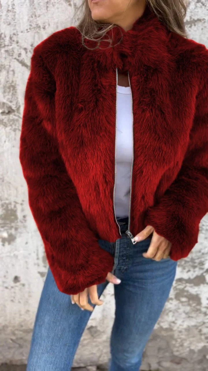 Fashion Stand Collar Plush Jacket Winter Casual Turtleneck Zipper Coat Fleece Tops Women's Clothing NommL